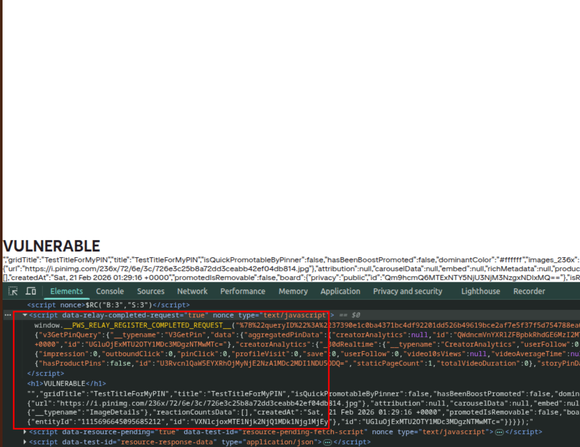 Captura real del Inspector de Elementos mostrando el HTML inyectado VULNERABLE ejecutándose en la página